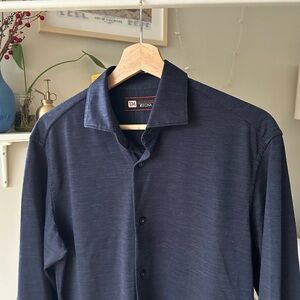 Z Zegna Tech Merino Navy Button-Up Shirt Wool